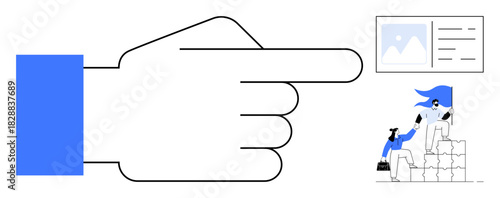 Oversized hand directs attention to teamwork as a superhero figure helps another climb stacked blocks toward success. Ideal for guidance, leadership, teamwork, support, motivation, growth