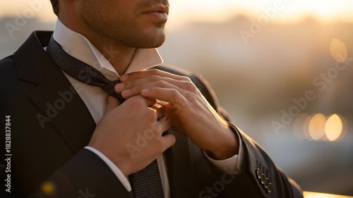 Man adjusting tie professional attire preparation golden hour light business success