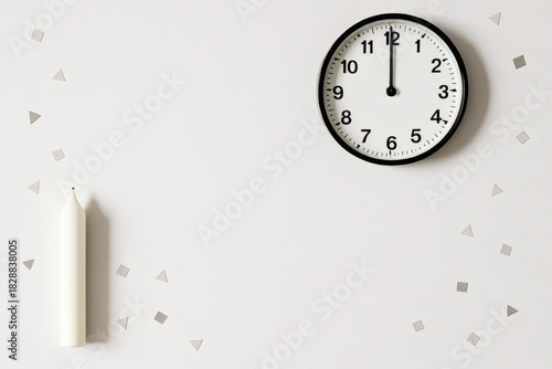 Wallpaper Mural Modern minimalist countdown flat-lay with scattered edge placement of monochrome clock, candle, and geometric confetti on white background, top-down sophisticated layout Torontodigital.ca