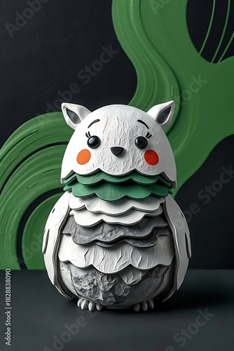 Charming Owl Sculpture with Green and White Details on Dark Background.