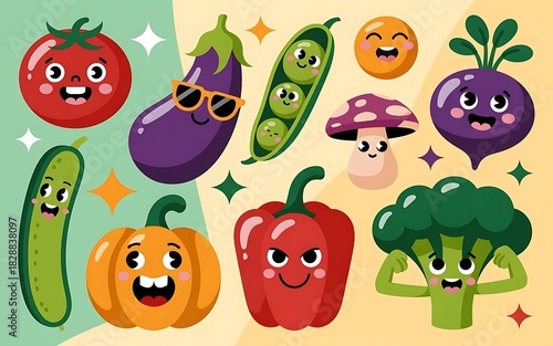 Cheerful Cartoon Vegetables Collection Tomato Eggplant and More 1.