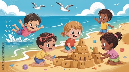 Children playing on the beach building sandcastles and enjoying the sun.