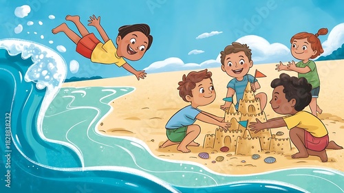Children playing on the beach building sandcastles and jumping in the waves.