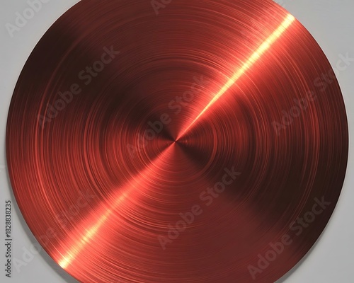 Circular copper plate with radial brushed texture and bright light reflection.