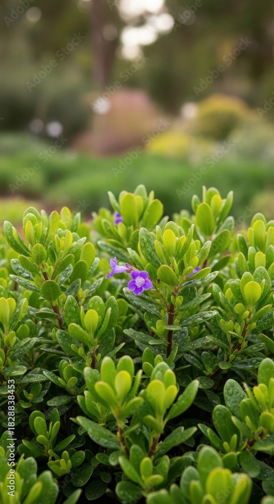 Fototapeta premium Vibrant purple flower on dew-kissed green foliage