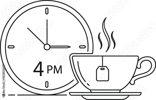 Tea time at four pm with a steaming cup in a simple line art illustration