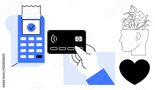 Hand holding a card near a wireless payment terminal, head filled with plants and flowers, black heart. Ideal for finance, technology, mindfulness, growth, love innovation minimalism. A simple flat
