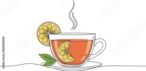 Steaming cup of tea with lemon slices in a continuous line drawing style art