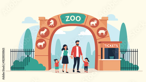 Happy family entering the zoo through the main entrance gate during a holiday trip. Ideal for family travel, tourism, outdoor adventure, and leisure illustrations