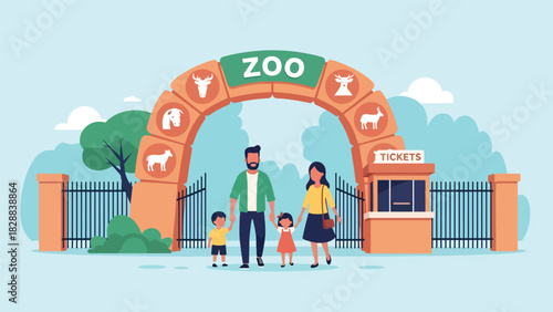 Happy family entering the zoo through the main entrance gate during a holiday trip. Ideal for family travel, tourism, outdoor adventure, and leisure illustrations