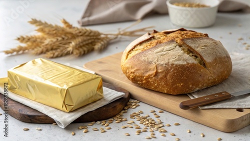 Artisan bread and gold foil wrapped butter on a wooden board with rustic decor