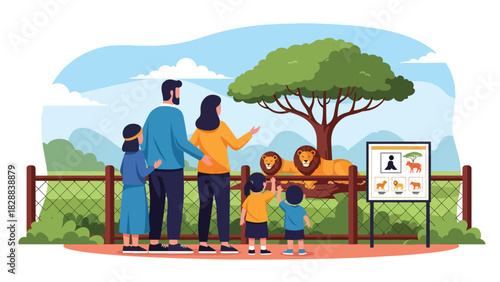 Family observing lions safely from the viewing area inside the zoo. Ideal for wildlife education, outdoor family activities, and leisure travel themes