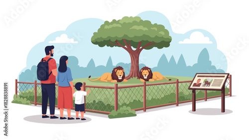 Family observing lions safely from the viewing area inside the zoo. Ideal for wildlife education, outdoor family activities, and leisure travel themes