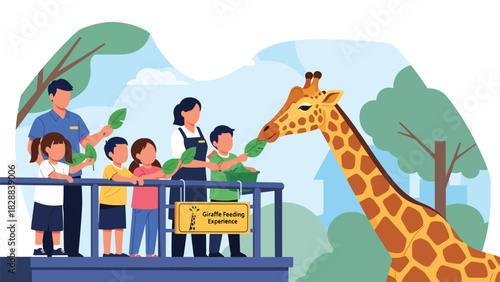 Children feeding a giraffe during a supervised zoo feeding experience. Ideal for educational tours, wildlife activities, and family-friendly travel content