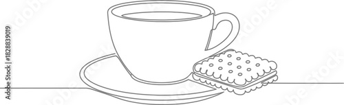 Simple line art of a cup of coffee with a biscuit on a white background