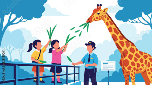 Children feeding a giraffe during a supervised zoo feeding experience. Ideal for educational tours, wildlife activities, and family-friendly travel content