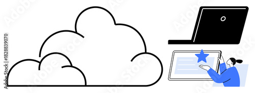 Cloud symbol, user engaging with tablet on star-rated content, and laptop signify digital tools. Ideal for cloud computing, data sharing, online learning, remote work, technology networking, digital