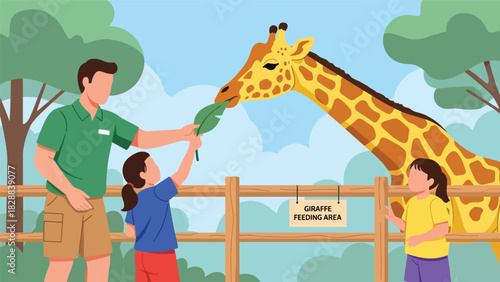 Children feeding a giraffe during a supervised zoo feeding experience. Ideal for educational tours, wildlife activities, and family-friendly travel content