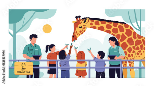 Children feeding a giraffe during a supervised zoo feeding experience. Ideal for educational tours, wildlife activities, and family-friendly travel content