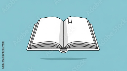Open blank book with bookmark floating against a solid light blue background, simple vector illustration representing knowledge and learning