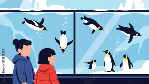 Children observing penguins swimming inside a glass exhibit at the zoo. Ideal for wildlife education, aquatics, and zoo tourism themes