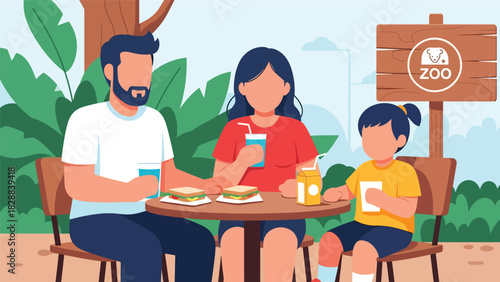 Family taking a break and enjoying snacks at a zoo café during their trip. Perfect for travel lifestyle, leisure time, and family-friendly tourism themes