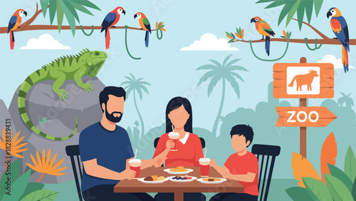 Family taking a break and enjoying snacks at a zoo café during their trip. Perfect for travel lifestyle, leisure time, and family-friendly tourism themes