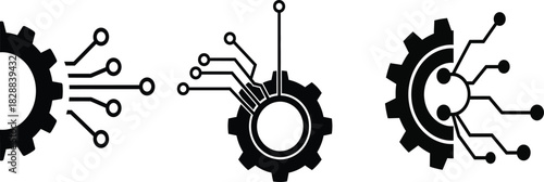 Digital Engineering Icons: Gear, Cogwheel, and Circuit Board Technology Vector Set