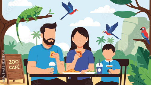 Family taking a break and enjoying snacks at a zoo café during their trip. Perfect for travel lifestyle, leisure time, and family-friendly tourism themes