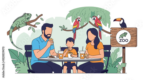 Family taking a break and enjoying snacks at a zoo café during their trip. Perfect for travel lifestyle, leisure time, and family-friendly tourism themes