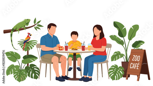 Family taking a break and enjoying snacks at a zoo café during their trip. Perfect for travel lifestyle, leisure time, and family-friendly tourism themes