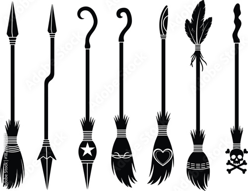 Black Vector Illustrations Featuring Pagan, Wiccan, and Halloween Symbols for Spells, Rituals, and Fantasy.