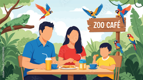 Family taking a break and enjoying snacks at a zoo café during their trip. Perfect for travel lifestyle, leisure time, and family-friendly tourism themes