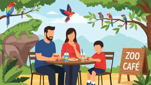 Family taking a break and enjoying snacks at a zoo café during their trip. Perfect for travel lifestyle, leisure time, and family-friendly tourism themes