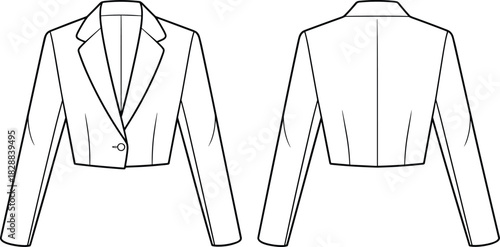 Cropped women's blazer jacket flat sketch vector illustration front and back technical fashion flat template sewing pattern editable outline minimalist