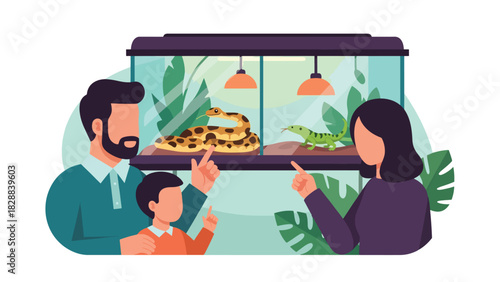 Family viewing reptiles behind the glass at a zoo reptile exhibit. Ideal for learning themes, wildlife education, and curiosity-driven family experiences