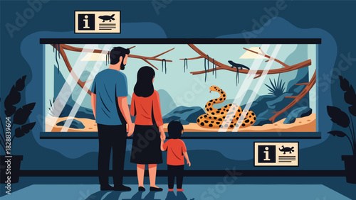 Family viewing reptiles behind the glass at a zoo reptile exhibit. Ideal for learning themes, wildlife education, and curiosity-driven family experiences
