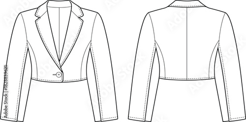 Cropped women's blazer vector flat sketch front and back technical fashion illustration sewing pattern template editable EPS high resolution lineart