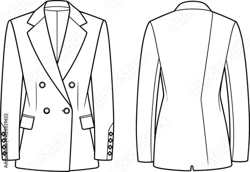 Vector technical flat of double-breasted tailored blazer with notched lapels, flap pockets, sleeve button details, front and back views illustration