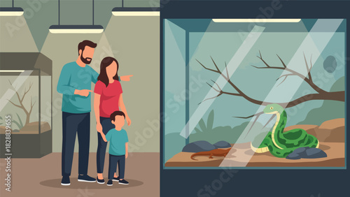 Family viewing reptiles behind the glass at a zoo reptile exhibit. Ideal for learning themes, wildlife education, and curiosity-driven family experiences