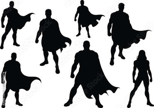 Superhero Silhouette Collection Featuring Caped Figures in Action Poses