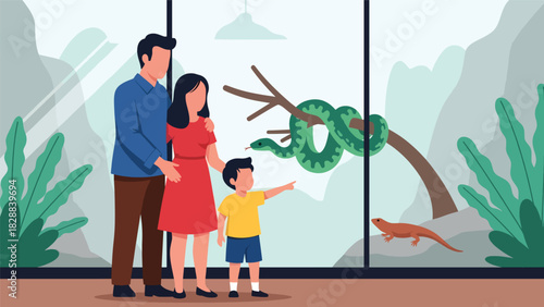 Family viewing reptiles behind the glass at a zoo reptile exhibit. Ideal for learning themes, wildlife education, and curiosity-driven family experiences