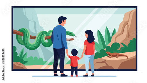 Family viewing reptiles behind the glass at a zoo reptile exhibit. Ideal for learning themes, wildlife education, and curiosity-driven family experiences