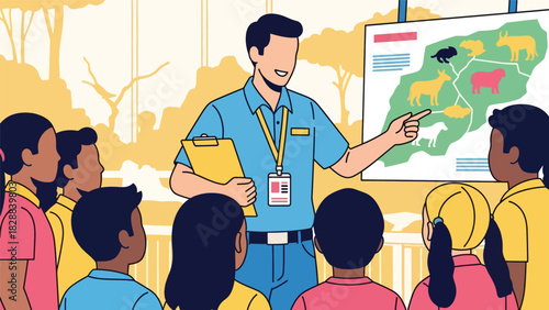 Children learning about animals from a zoo guide during an educational tour. Ideal for school trips, outdoor learning, and informative experiences