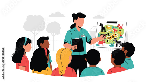Children learning about animals from a zoo guide during an educational tour. Ideal for school trips, outdoor learning, and informative experiences