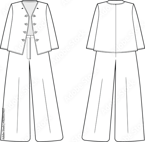 Vector women's tailored jacket, wide leg trousers technical flat fashion illustration, buttoned jacket, high waist pants, seam detailing, relaxed silhouette