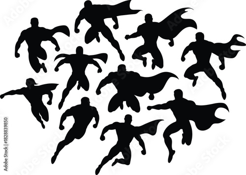 Superhero silhouettes in dynamic poses for comic book design elements