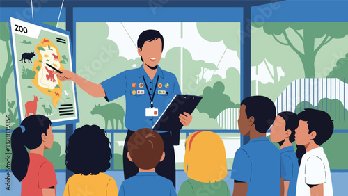 Children learning about animals from a zoo guide during an educational tour. Ideal for school trips, outdoor learning, and informative experiences