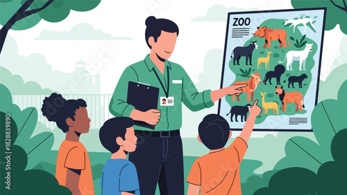 Children learning about animals from a zoo guide during an educational tour. Ideal for school trips, outdoor learning, and informative experiences