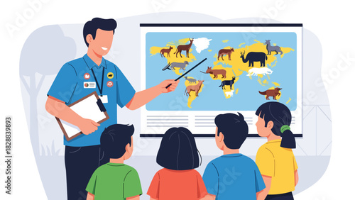 Children learning about animals from a zoo guide during an educational tour. Ideal for school trips, outdoor learning, and informative experiences